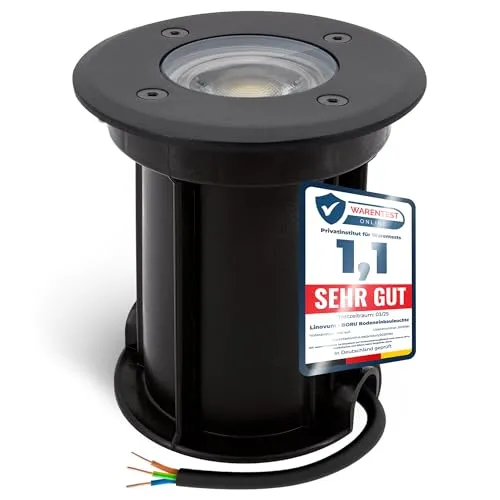 linovum LED Gartenstrahler BORU - Bodeneinbaustrahler IP67 mit GU10 Lampe - Strahler für den Außenbereich, wetterfest mit IP67, befahrbar bis 500 kg. Ideal für Wege und Gartenbeleuchtung, sorgt für eine gemütliche Atmosphäre mit warmweißem Licht.