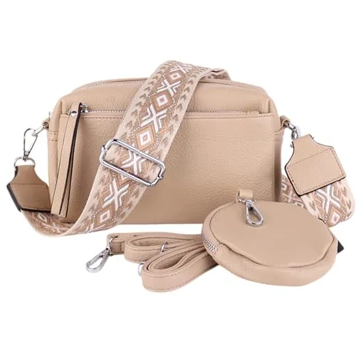 MIRROSI® umhängeTasche inkl. 1x Münzbeutel und 2 Wechselgurte Damen Crossbody Bag, 19x14x8cm Kleine Mittelgroß (verstellbaren Schulterriemen), SchulterTasche fürjeden Anlass (Taupe)