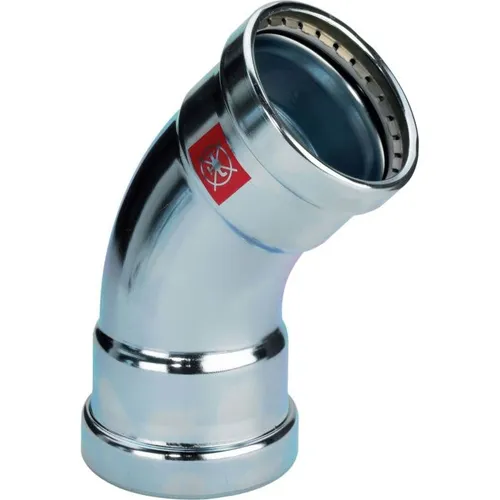 Viega Prestabo Bogen 597610 - 45° Stahl unlegiert, 76,1 mm - Sanitärinstallation mit Pressanschlüssen für zuverlässige Dichtheit, ideal für professionelle Anwendungen.