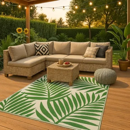 KAMACA Outdoor Teppich Leaf wetterfest UV beständig wendbar für Balkon Terrasse Garten Wohnmobil Camping Robuste Pflegeleichte Campingmatte für alle Außenbereiche langlebig (Teppich 90 x 150 cm grün)