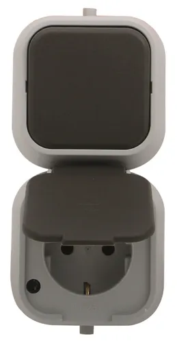 Feuchtraum Aufputz Aus-/Wechselschalter + Steckdose IP 44, grau