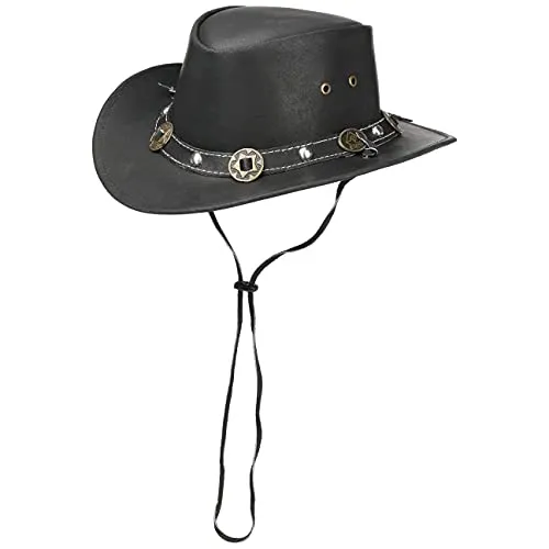 Scippis Concho Lederhut Classic Cowboyhut schwarz, L - Hochwertiger Echtleder Cowboyhut mit ca. 6.5 cm Krempenbreite und Kinnband, ideal für Outdoor-Enthusiasten und stilvolle Abenteuer.