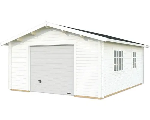 Einzelgarage Palmako Roger 23,9 m² mit Sektionaltor - Kompakte Holzgarage mit Satteldach in Weiß, ideal für die sichere Unterbringung Ihres Fahrzeugs und Gartenutensilien, sorgt für Ordnung im Außenbereich.