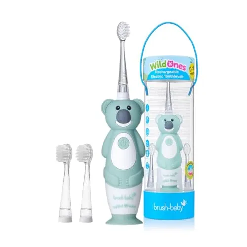 B09X5ZY47YBrush-Baby – Wiederaufladbare Elektrische Kinderzahnbürste, 0–10 Jahre – WildOnes, Koala-Design mit Blinklichtern – DeepClean-Borsten für Gründliche Reinigung – 2 Ersatzköpfe & 1 USB-Kabel