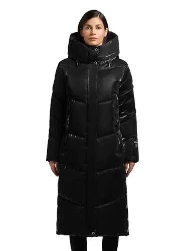 khujo Damen Wintermantel warmer Steppmantel lang aus angesagtem glänzendem Material Pulset Shiny Black Gr. XS