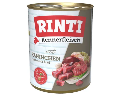 Rinti Kennerfleisch Kaninchen 12x800g - Hochwertiges Hundefutter - Alleinfuttermittel für Hunde, reich an schmackhaftem Kaninchenfleisch für eine ausgewogene Ernährung.