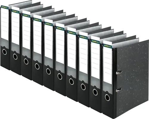 SCHÄFER SHOP Ordner DIN A4 breit – 8 cm Ordnerrücken mit Einsteckrückenschild - Ringbuch Aktenordner Büroordner - Made in Germany - Wolkenmarmor schwarz, 10er Pack