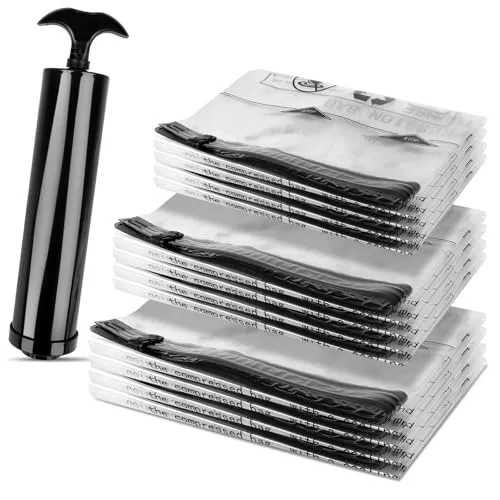 Vakuumbeutel für Kleidung, 12 Stück Vakuumbeutel für Bettdecken mit Handpumpe (4 * 80x60cm + 4 * 70x50cm + 4 * 60x40cm), Vakuum Kleiderbeutel für Reisen, Umzug und Aufbewahrung