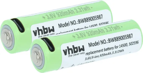 vhbw 2x Akku Ersatz für Ledlenser 14500, 502596 für Taschenlampe Kopflampe (0,92 Ah, 3,6 V, Li-Ion)