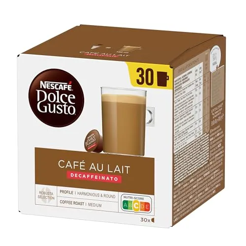 NESCAFÉ Dolce Gusto Café au Lait Decaffeinato, XXL Vorratsbox, 30 Kaffeekapseln (Robusta Bohnen, Entkoffeinierter Milchkaffee, Intensität 7) 1er Pack (1 x 30 Kapseln)
