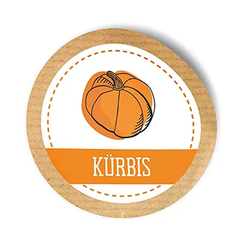 itenga Runde Marmeladenetiketten 24 Stück Ø 4 cm – selbstklebende Sticker für Einmachgläser – Obst & Gemüse Motive wählbar – Aufkleber zum Basteln & Dekorieren (Kürbis)
