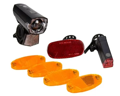 Fischer Fahrrad Beleuchtungs-Set 12 Lux, 7-teiliges Batterie-Leuchtenset, Front- und Rückleuchte, Reflektor und Speichenstrahler, Spritzwasserschutz nach IP44, StVZO-zugelassen