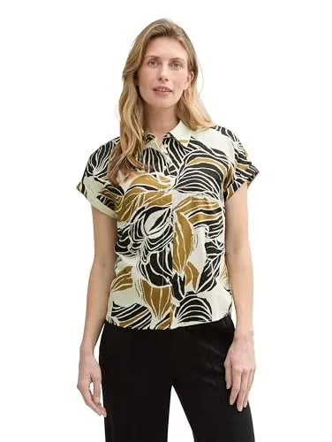 TOM TAILOR Damen Bluse 1046207 - Neutral Cut Leaves Design - Tanktops & Träger-Tops für Damen, lockere Leinenbluse mit kühlendem Tragegefühl, ideal für Frühling und Sommer, Loose Fit.