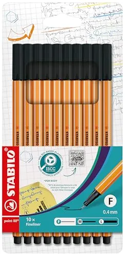 STABILO point 88 Fineliner - 10er Pack schwarz, metallgefasste Spitze für lange Lebensdauer und hohe Farbauswahl