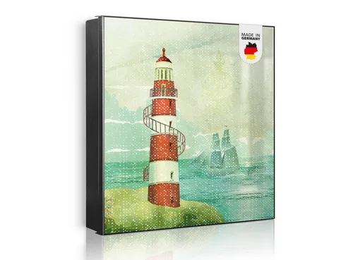 Banjado Großer Schlüsselkasten aus Glas – 30x30 cm, Schwarz mit Motiv Leuchtturm