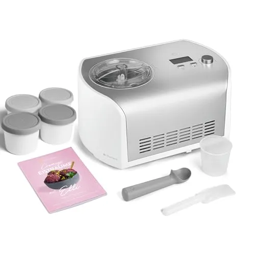 SPRINGLANE Eismaschine Elli 1,2 L mit selbstkühlendem Kompressor 135 W, Eiscrememaschine aus Edelstahl mit entnehmbarem Eisbehälter, inkl. Rezeptheft (Eismaschine+ 4 Eisbehälter Mini 400ml Grau)