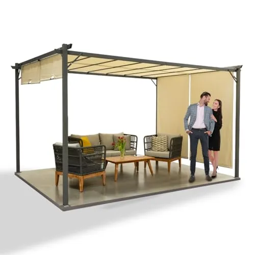 Grindi - Garten Pergola Pavillon Terrassendach mit einstellbarem Stoffdach - Beige, Delos II 2,9x3,9m - Stahl, wasserdichtes Sonnenschutz für Terrasse und Freistehender, Grillpavillon, Markise