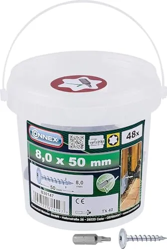 Connex Pfostenschrauben 8.0 x 50 mm TX 40 - 48 Stück, ideal für den Holzbau - Spanplattenschrauben & Holzbauschrauben, robuste Konstruktion für sichere Verbindungen und einfache Handhabung.