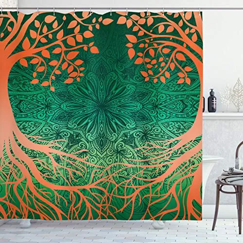 ABAKUHAUS Mandala Duschvorhang, Mandalas, Stoffliches Gewebe Badezimmerdekorationsset mit Haken, 175 x 200 cm, Orange Grün