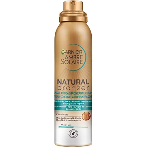 Garnier Selbstbräunungsspray, Natural Bronzer, für eine gleichmäßige und natürliche Bräunung, schnell einziehend, nährende Wirkung, mit Aprikosenöl und Vitamin E, Ambre Solaire 150 ml