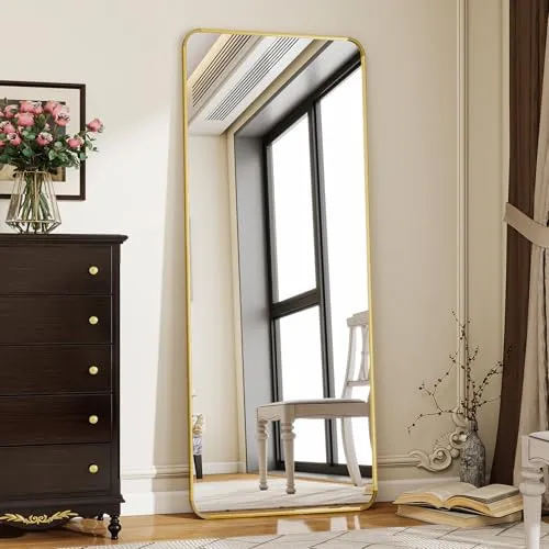 Koonmi Standspiegel mit abgerundeten Ecken, 58 x 168 cm Ganzkörperspiegel mit Ständer, großer Fußboden Standspiegel Ganzkörperspiegel Wand Hänger für Schlafzimmer, Wohnzimmer, Gold
