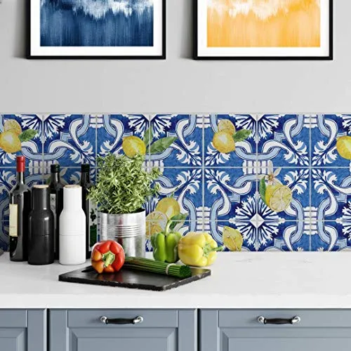 selbstklebende Fliesenaufkleber Möbelfolie matt 20x20cm Sizilianisch in blau mit Zitronen 12er Set