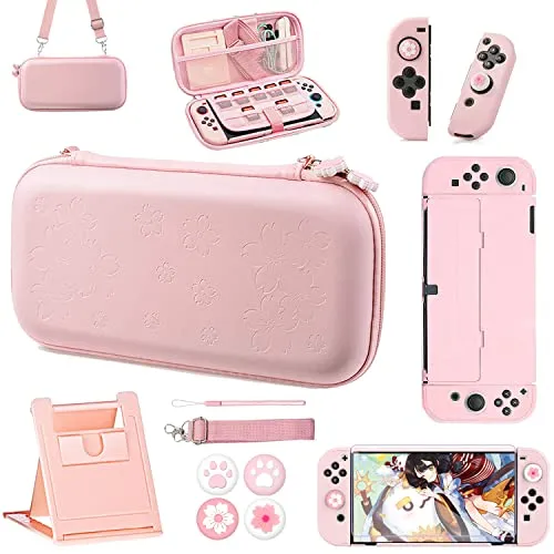 OLDZHU Rosa Tasche Kompatibel mit Nintendo Switch OLED,10 in 1 Rosa Reisezubehör Set mit Tragetasche,harter Schutzhülle Hülle Case,Glas-Displayschutzfolie,verstellbarer Ständer und Daumengriffkappen