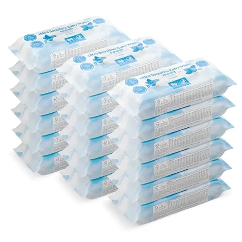 Produktbild by Amazon Ultrasensitive Babyfeuchttücher, 100% pflanzliche Fasern, 99% Wasser, 1080 Tücher, Unparfümiert, 18 Packungen à 60 Stück