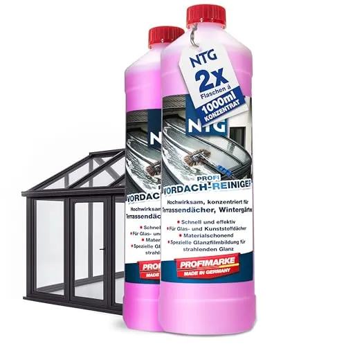 NTG Vordach & Terrassendach Reiniger Konzentrat 1L Flasche Grünbelag Entferner Wintergärten Reiniger mit Glanzfilmbildner streifenfrei für Glas Metall PVC-Flächen Made in Germany (2 Liter)