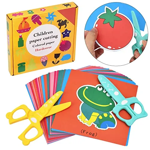GutSache 2er Kinderschere + 48 bunte Bastelpapiere für Kinder ab 3 Jahre | Perfekt für Kindergarten, Vorschule & zu Hause. Als Mitgebsel für Kinderpartys. Fördert Kreativität & Feinmotorik.