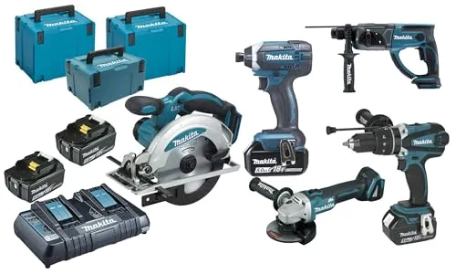 Makita DLX5039PTJ: Ensemble de 5 machines 18 V Li-Ion - Werkzeugset mit 5 leistungsstarken Makita Maschinen, ideal für Profis und Heimwerker – inklusive Perforator, Schraubendreher und Kreissäge.