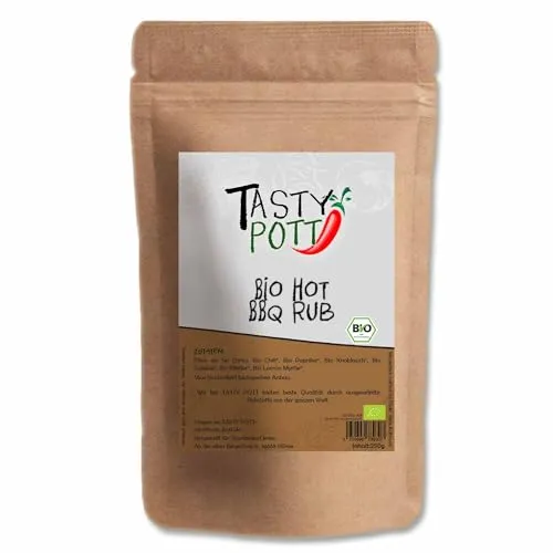 Tasty Pott Bio Hot BBQ Rub 250 Gramm | Kochen & Braten | Grillen & Marinieren | Marinade Grill BBQ | Knoblauch Zwiebel Paprika Gewürz | Nachfüllbeutel Vorteilspackung