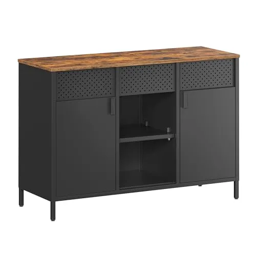 SONGMICS Aufbewahrungsschrank, Metallschrank, verstellbare Einlegeböden | Sideboard, Schrank mit 2 Türen, 1 Schublade, Magnetverschluss, Stahlgestell, Tintenschwarz-Vintagebraun, BRAVON LSC204B01