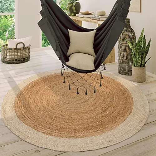 Paco Home Teppich Rund Wohnzimmer Jute Boho Ethno Muster Modern Handgefertigt Naturteppich, Grösse:80 cm Rund, Farbe:Elfenbein