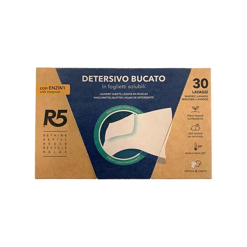 R5 Waschmittel in Löslichen Blättern 30 Waschladungen, Enzyme, Duft Leinenblüten