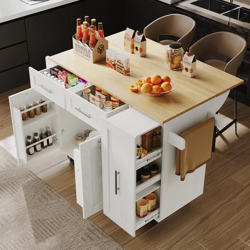 Fortuna Lai Moderne Kücheninsel, Küchenschrank, buffetschrank, Speisewagen mit Holzmaserung, Multifunktionale Esstisch mit Speicherraum, Speisewagen mit Snackregalen und Stretchfunktionsschränken,weiß
