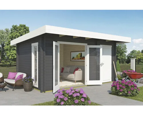Gartenhaus Blockhaus Pultdach 44 mm Chameleon grau 470x320 cm