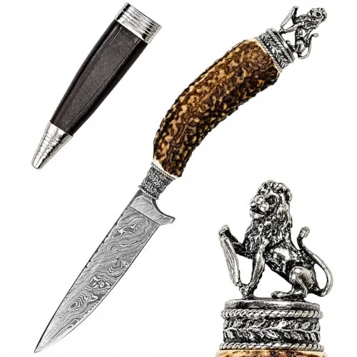 Funk Hirschhorn Trachtenmesser mit Damastklinge und Zierfigur - Bayerischer Löwe - Hochwertiges Trachtenmesser mit feiner Damastklinge und einzigartiger Motivkappe. Ideal für Trachtenliebhaber und als Geschenk. Maße: Klinge 11 cm, Gesamtlänge 25,5 cm.