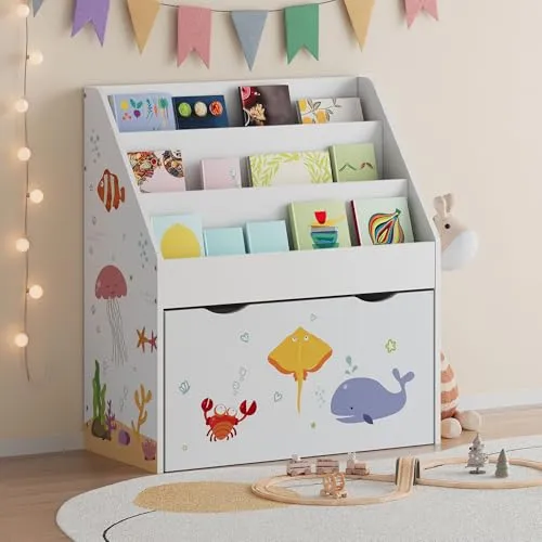 [en.casa] Kinder Bücherregal Aarnskona – Spielzeugaufbewahrung mit Schublade - Praktisches Kinderregal mit drei offenen Fächern und rollbarer Schublade für Spielzeug. Sicheres Design mit abgerundeten Ecken und fröhlichem Aqua-Dream-Motiv. Pflegeleicht und schnell montiert.