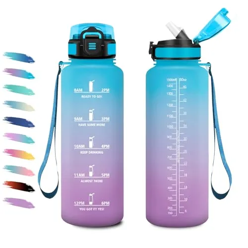 Wasserflasche 1.5L, Sport Trinkflasche mit Strohhalm, Auslaufsicher, Motivierende Wasserflasche mit Zeitmarkierung, Kohlensäure Geeignet, Sportflasche für Radfahren, Wandern, Klettern, Fitnessstudio