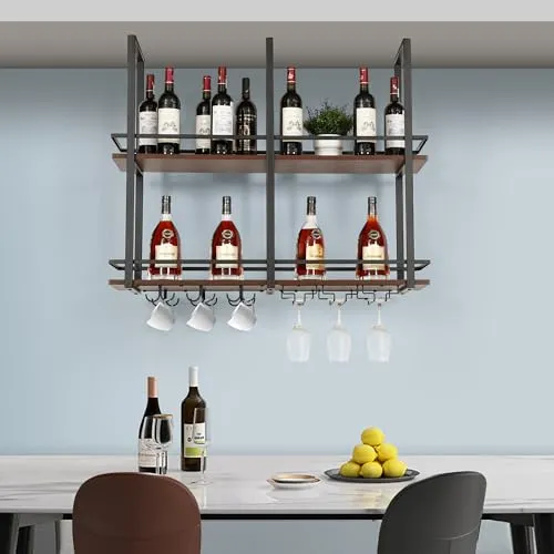 [en.casa] Weinregal Hubro Deckenregal 100 x 30 x 85 cm Flaschenregal mit Glashalterung Hängeregal Metallrahmen Weinflaschenhalter Schwarz/Walnussoptik