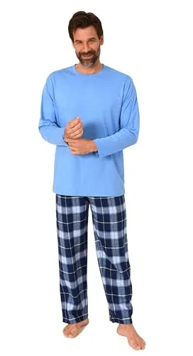 Normann Herren Schlafanzug lang, Karo-Pyjama in hellblau, Größe: 52 - Komfortabler Schlafanzug mit modischem Karo-Muster und unifarbenem Oberteil. Die lockere Passform sorgt für besten Sitz, ideal zum Entspannen und Schlafen. Aus weichem Flanell und Jersey gefertigt, pflegeleicht bei 40 Grad.