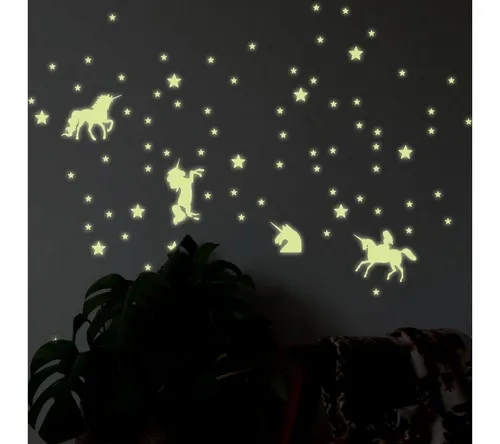 K&L Wall Art Wandtattoo Leuchtsterne Einhorn 100er Set Gelb 20x20cm selbstklebend, Kinderzimmer Leuchtbild