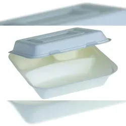 DeinPack Bio Einweg Bagasse Schalen 3-geteilt Klappdeckel-Box 1200 ml I 200 Menübox Einweg 236 x 231 x 81 mm weiß
