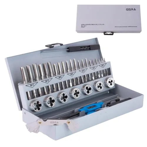 GSR Gewindeschneider Set metrisch M3–M12 – 32-tlg. HSS-G PROFI Gewindeschneidsatz mit Handgewindebohrern, Schneideisen, verstellbares Windeisen, Schneideisenhalter, Gewindelehre & Metallkassette