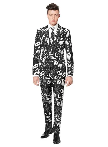 SuitMeister Halloween Black Icons Anzug - Dreiteiliger Kostümanzug für coole Typen, perfekt für Halloween-Partys mit gruseligen Motiven in schwarz. Ideal für Erwachsene, um im Rampenlicht zu stehen!
