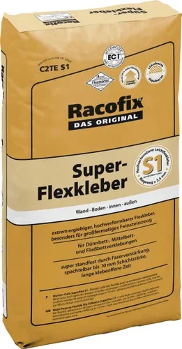 Racofix Super-Flexkleber S1 15 kg - Hochwertiger Flexkleber für Fliesen und Platten, ideal für Innen- und Außenanwendungen, bietet hervorragende Haftung und Flexibilität.