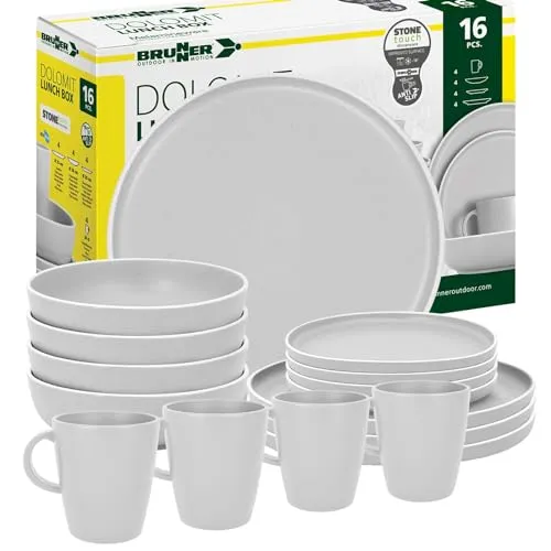 BRUNNER Melamin Geschirr-Set Camping | 16-teilig für 2-4 Personen - Hochwertiges, kratzfestes Melamin-Geschirrset für Camping und Picknick. Stapelbar, spülmaschinenfest und mit Anti-Rutsch-Ring für Stabilität. Ideal für unterwegs!
