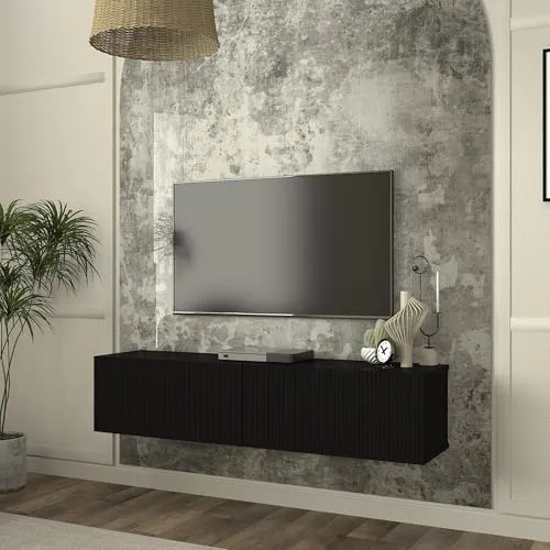 [en.casa] TV Lowboard hängend Verpsboga Fernsehschrank schwebend mit 2 Türen gerillte 3D-Optik Wohnzimmer Hängeschrank TV-Regal 135 x 32 x 30 cm Schwarz