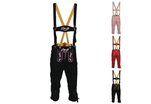 German Wear Trachtenlederhose GW1400 Damen - Elegante Kniebundhose aus Ziegenleder - Elegante Trachtenlederhose für Damen aus 100% Ziegenleder. Ideal für besondere Anlässe oder festliche Veranstaltungen, mit stilvollen Hosenträgern in Schwarz und Rosa. Größe 46/3XL, bequem und modisch.